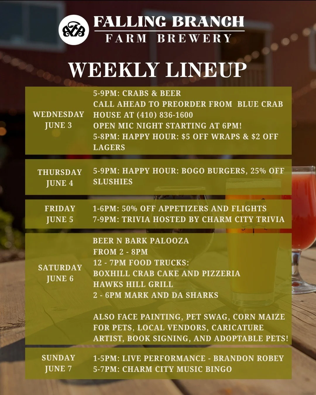 We&rsquo;ve got a FULL week of great beer, delicious food, and awesome events you won&rsquo;t want to miss 👇

🦀 Wednesday &ndash; Crabs &amp; Beer + Open Mic Night 🎤
🍔 Thursday &ndash; BOGO burgers &amp; happy hour deals
🧠 Friday &ndash; Trivia 