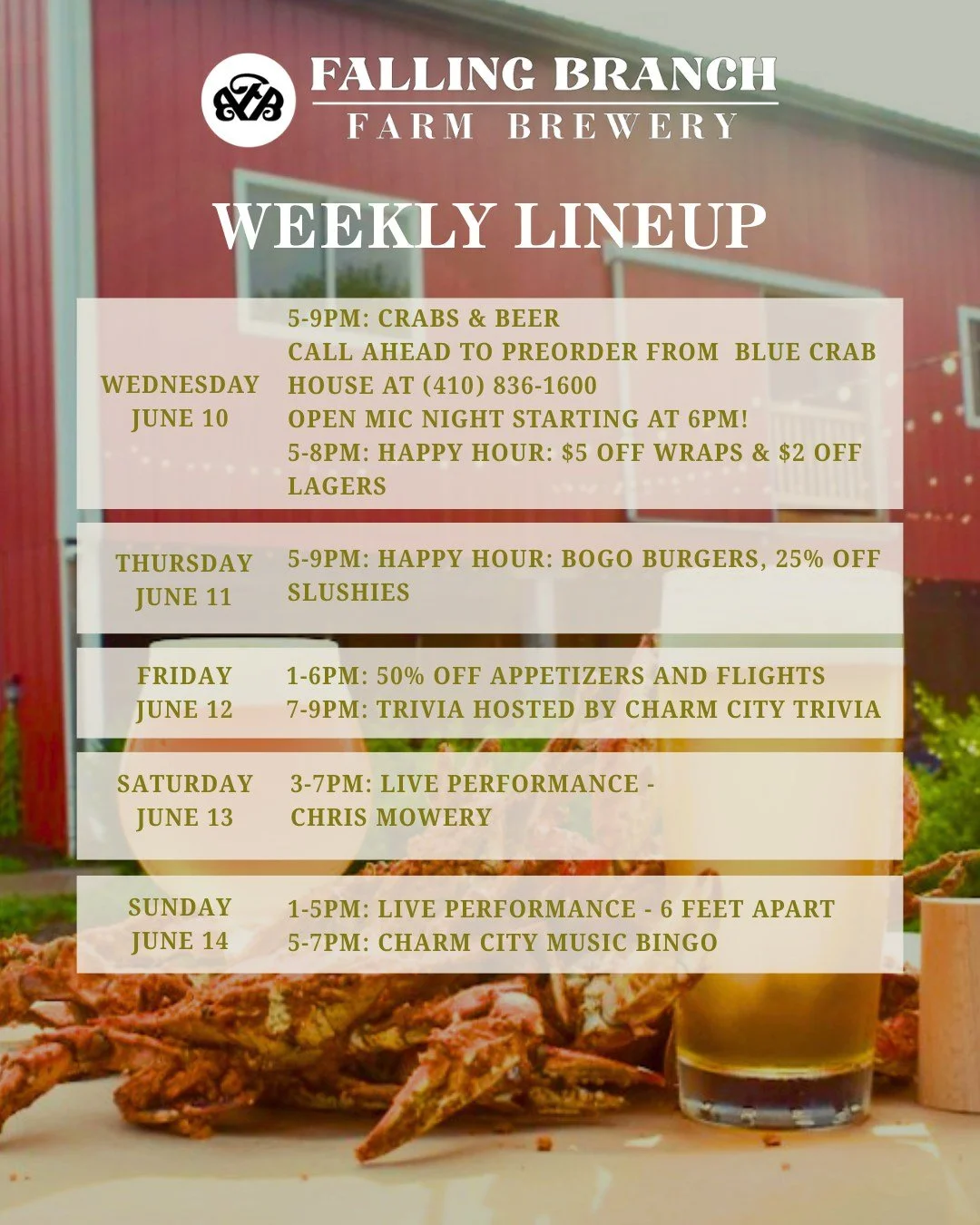 Weekly lineup is HERE 🔥

🦀 Wed: Crabs &amp; Beer + Open Mic
🍔 Thurs: BOGO Burgers
🧠 Fri: Trivia
🎸 Sat &amp; Sun: Live Music
🎶 Sun: Music Bingo

Don&rsquo;t miss out 🍻
#marylandlocalbrewery #HarfordCounty #drinklocal