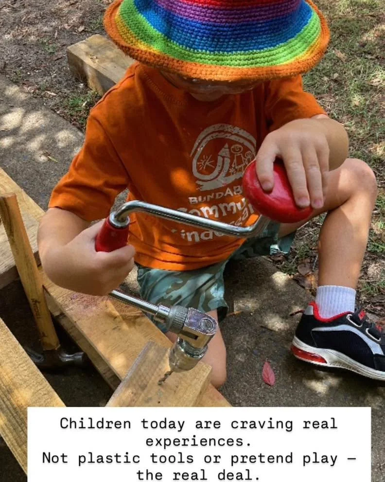 Kindy nature incursion with hand tools today at Bundaberg Community Kindergarten.
There’s something powerful about putting real tools into little hands. When children hammer, screw, and drill, they’re not just building with wood —