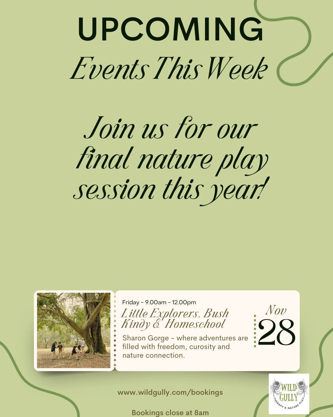 This week at Wild Gully is our final session for 2025 and it&rsquo;s hard to believe how quickly the year has moved. We&rsquo;re finishing with a beautiful morning at Sharon Gorge, playing under the trees, exploring the tracks, and giving children th