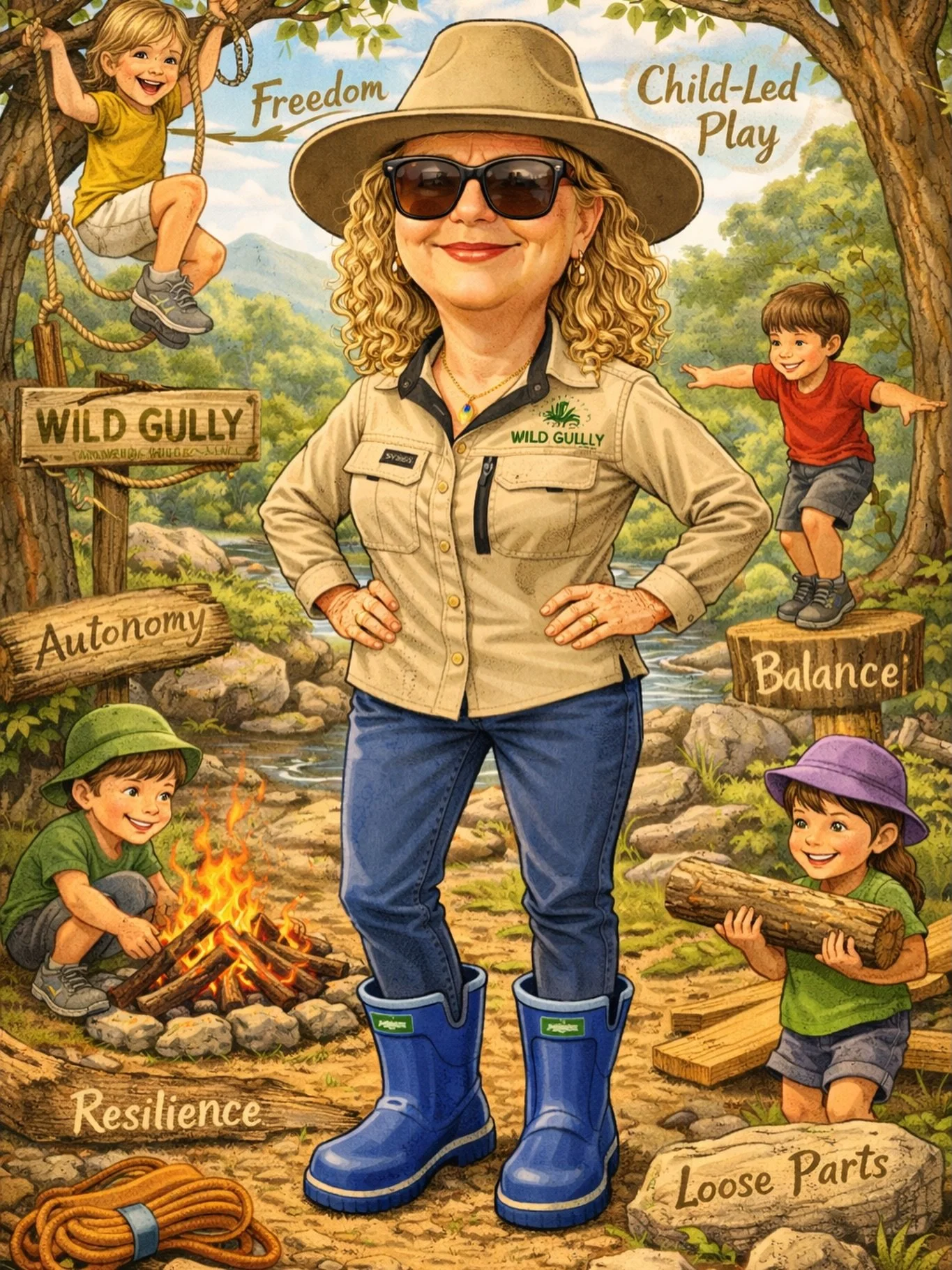 Hello 👋 this is my little attempt at turning me and Wild Gully into a character.

She&rsquo;s not perfect, polished or posed. She&rsquo;s muddy, sun-hatted, standing back while children climb, build, take risks, light fires and figure things out for
