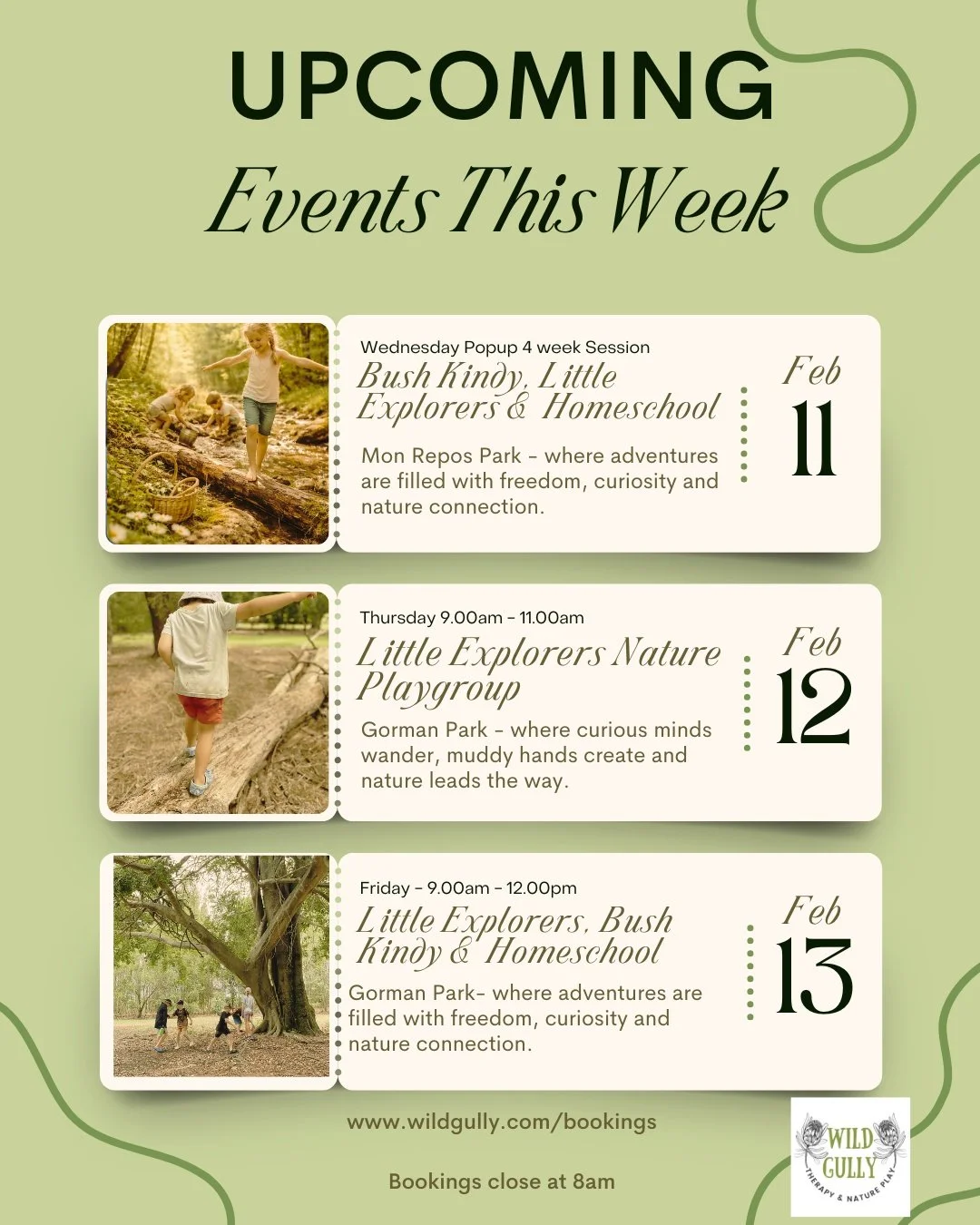 We&rsquo;re right in the thick of nature play at Wild Gully and the rhythm of the week is settling in beautifully.

Wednesday is our second all-ages session at Mon Repos Park, with bush kindy, little explorers and homeschoolers sharing space, time an