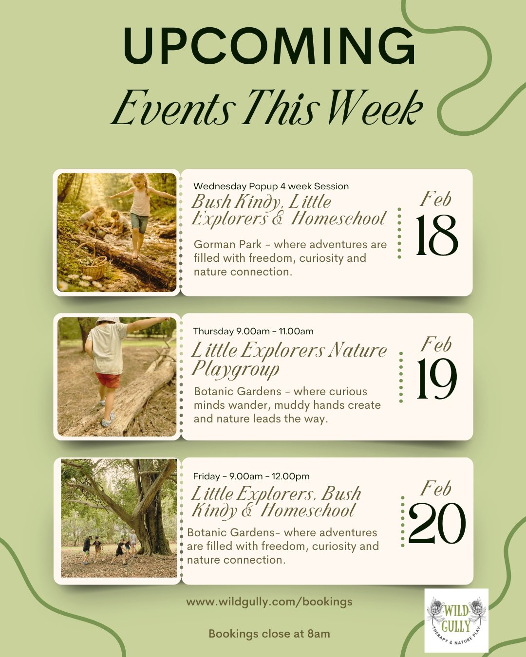 Week 4 already and Wild Gully is well and truly in the rhythm of the term.

This Wednesday our 4-week pop-up program continues at Gorman Park with Bush Kindy, Little Explorers and Homeschool sessions &mdash; real play, real learning, and children set