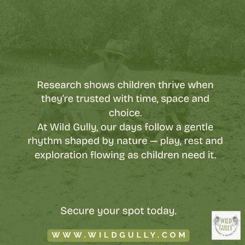 Research shows children thrive when they&rsquo;re trusted with time, space and choice.
At Wild Gully, our days follow a gentle rhythm shaped by nature &mdash; play, rest and exploration flowing as children need it.

Book here - link in bio or click h