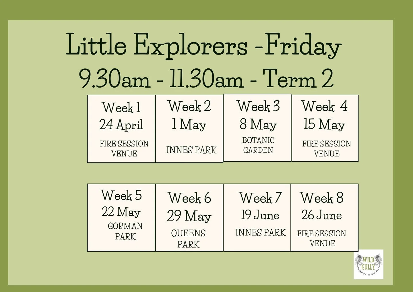 Term 2 venues are now released.

As the weather cools, we begin our popular fire education nature play sessions&mdash; one of the most loved experiences at Wild Gully. Children learn respect for fire while building confidence, responsibility and real