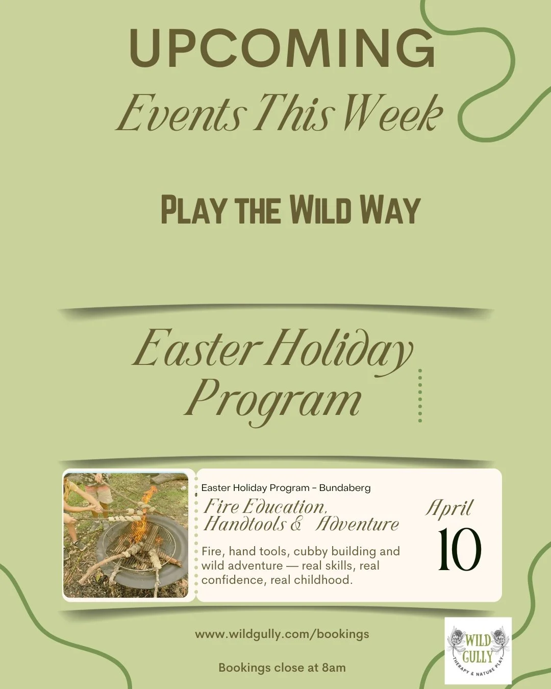 This week at Wild Gully &mdash; our one and only holiday session.

Fire, hand tools, damper cooking, cubby building and wild outdoor adventure. Real experiences that build confidence, independence and capability.

Friday 10 April
9:30am
Ages 5+

If y