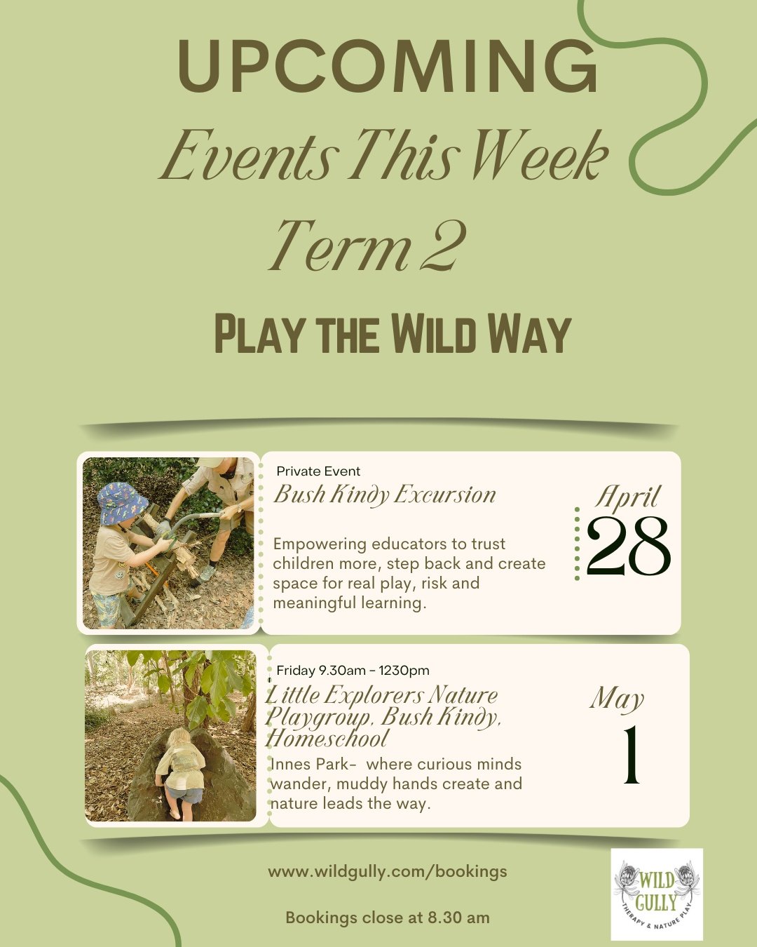 This week at Wild Gully

Tuesday we kick off our Bush Kindy excursions with a local kindy &mdash; we bring the set up, they bring the children, and the magic happens. Using their Kindy Uplift, this is a simple, powerful way to embed real play, build 