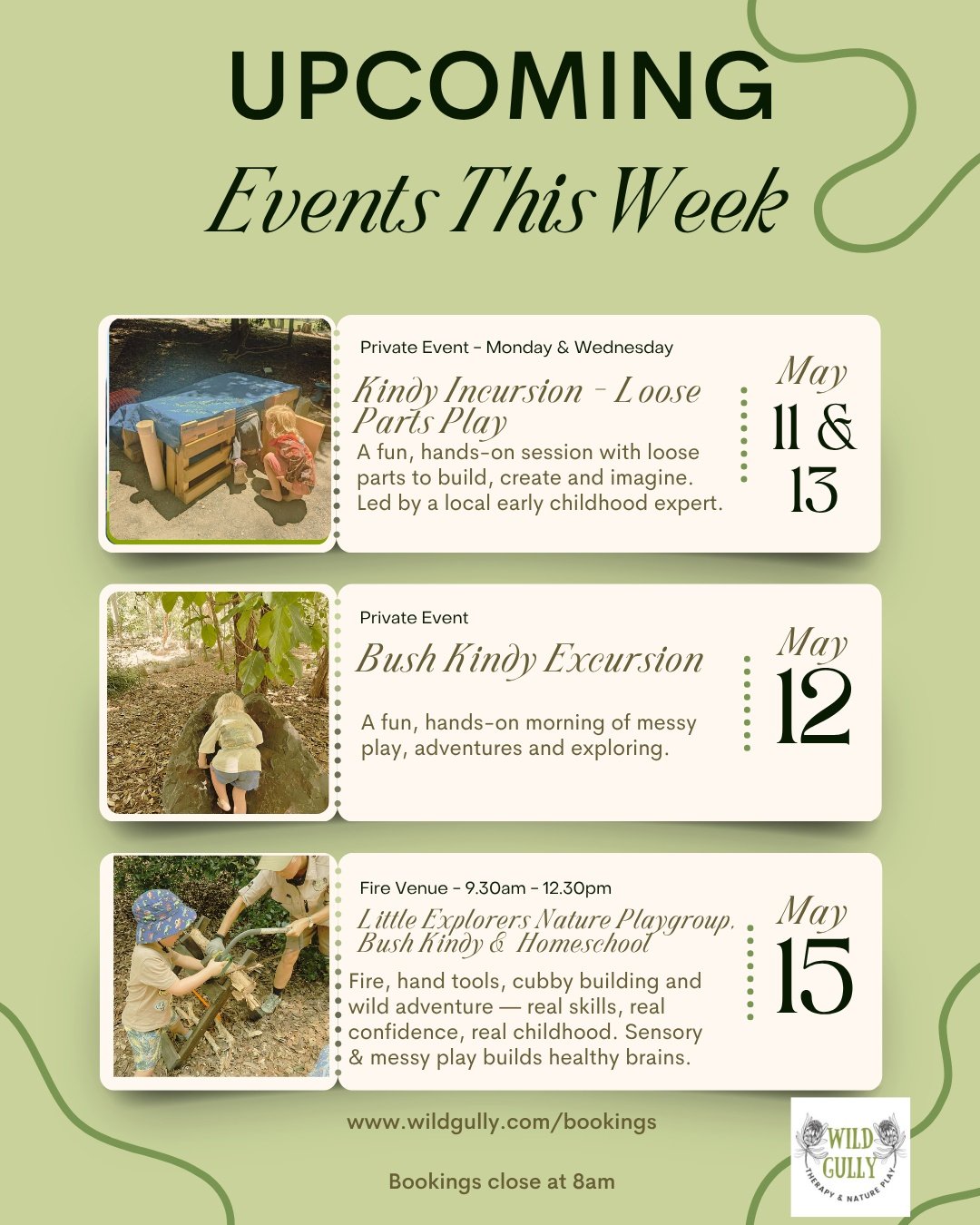 This week at Wild Gully is a big one.

Four sessions. One shared vision.

Monday and Wednesday we&rsquo;re back with the same local kindergarten, diving into loose parts play&mdash;watching what happens when children are trusted with real materials a