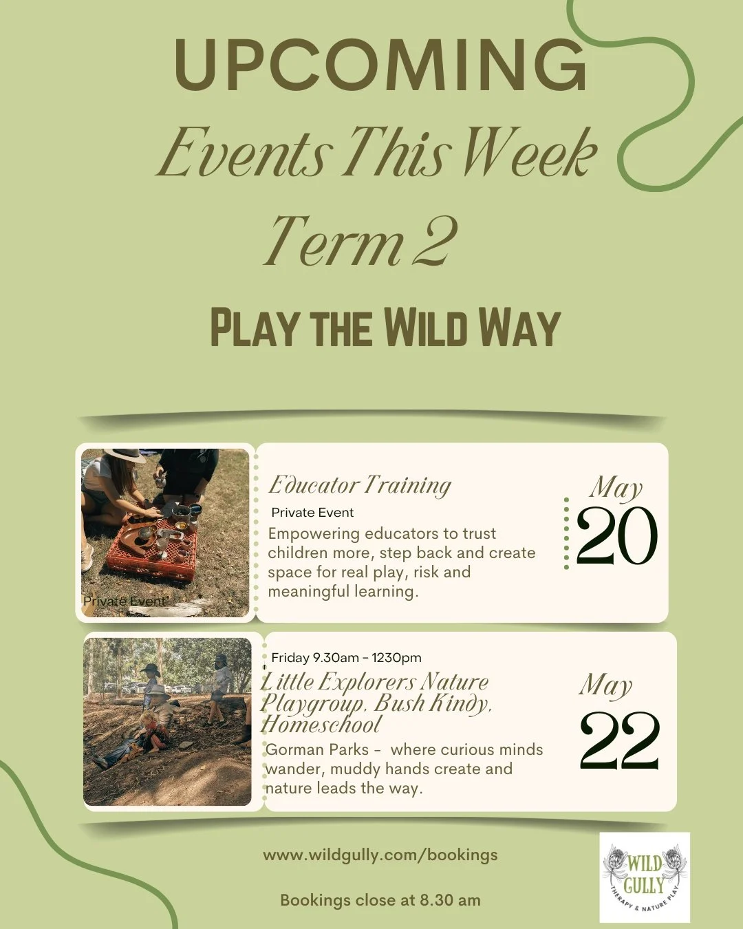 This week at Wild Gully we are well and truly halfway through the term, with only four more opportunities to join us.

Wednesday we return to complete our educator training, continuing to unpack play, build confidence, and empower educators with the 