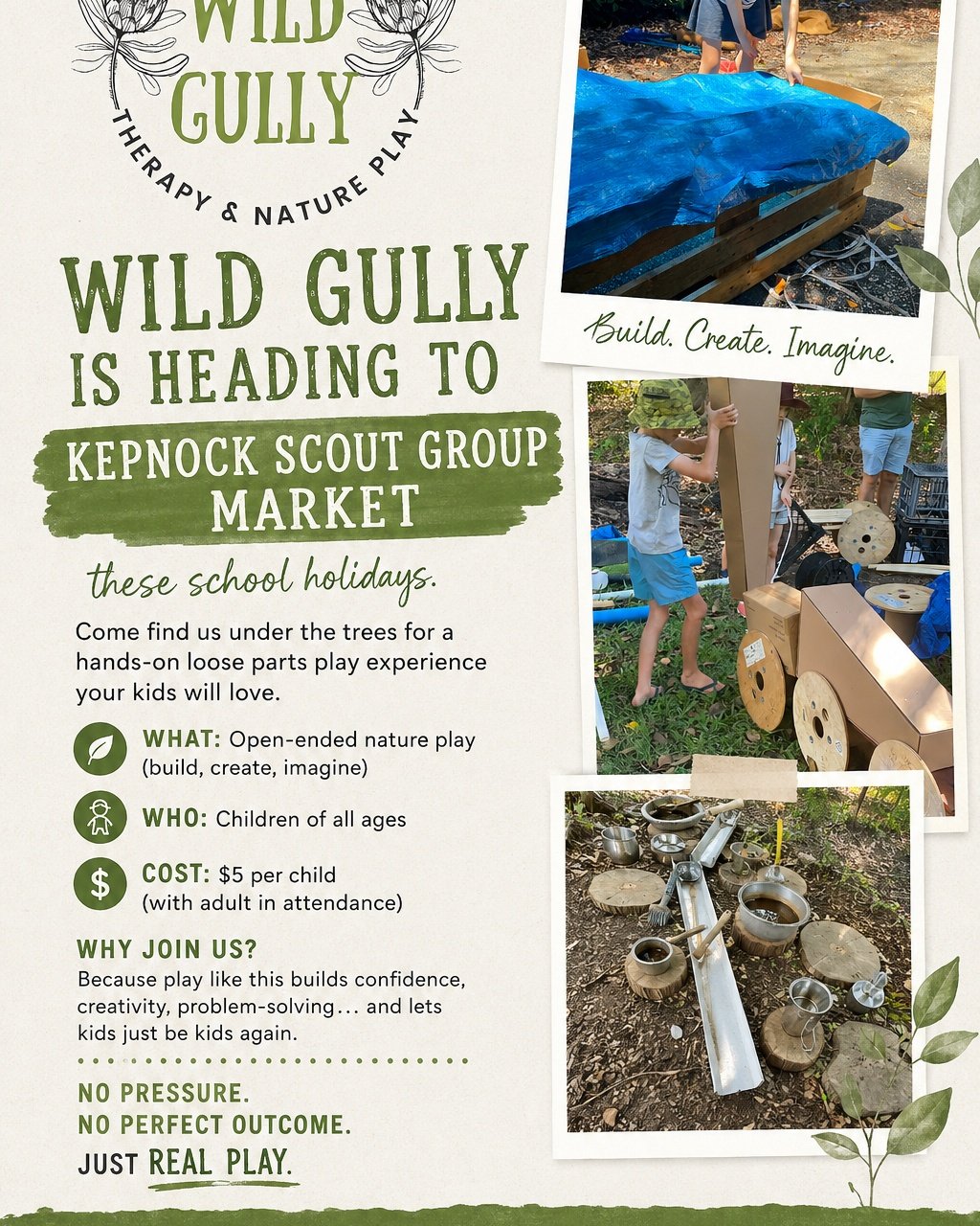 Wild Gully is heading to Kepnock Scout Group Market these school holidays.

Come find us under the trees for a hands-on loose parts play experience your kids will love.

What: Open-ended nature play (build, create, imagine)
Who: Children of all ages
