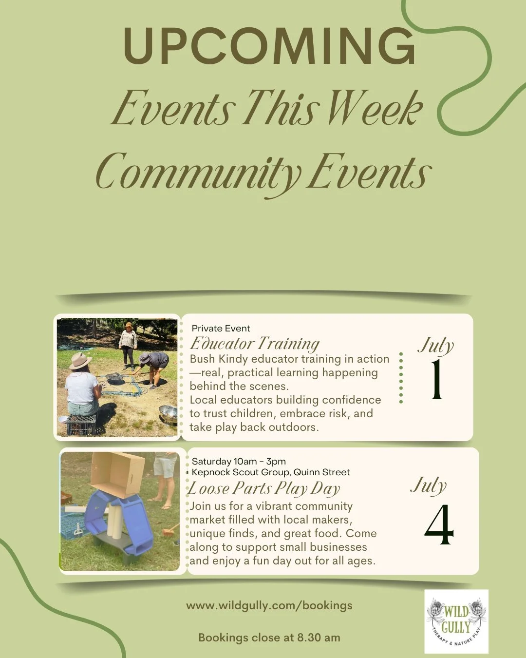 This week at Wild Gully, while our regular programs are on pause, we&rsquo;re excited to be facilitating a couple of community events:

&bull; Wednesday: Educator Training &ndash; Session 2
Continuing our professional learning series, we&rsquo;ll be 