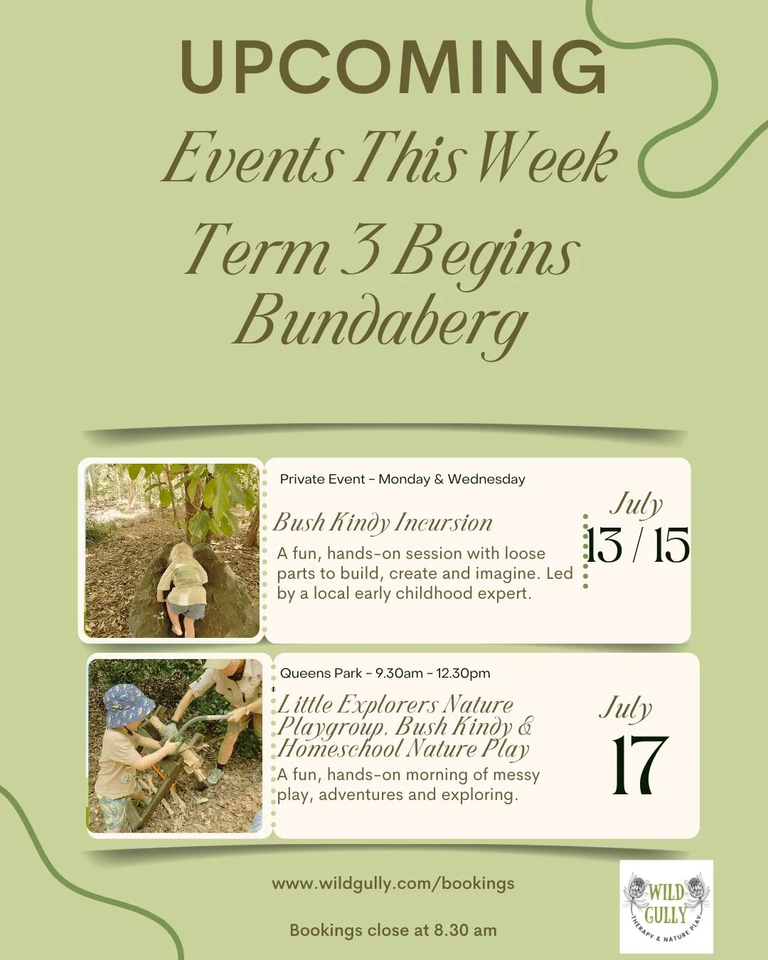 This week at Wild Gully, Bundaberg&rsquo;s premier nature play, Term 3 begins.

With 36 events this term, including 21 Kindy incursions and 7 nature play sessions, there is a lot happening behind the scenes to make this possible.

Monday and Wednesda