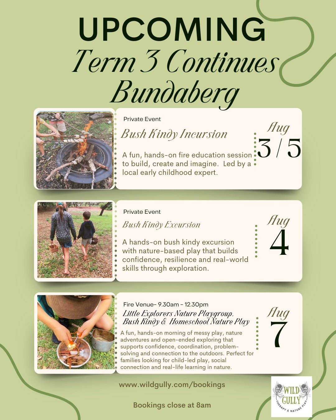 This week at Wild Gully, the fun continues as we protect play.

Monday and Wednesday we&rsquo;re sharing fire education with 50 eager kindy children&mdash;building skills, confidence, and respect in a safe, supported way.

Tuesday, we welcome a kindy
