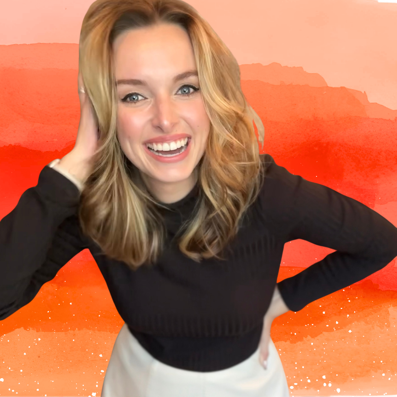 A woman with blonde hair smiling and posing with one hand behind her head, against a background with orange and red watercolor textures.