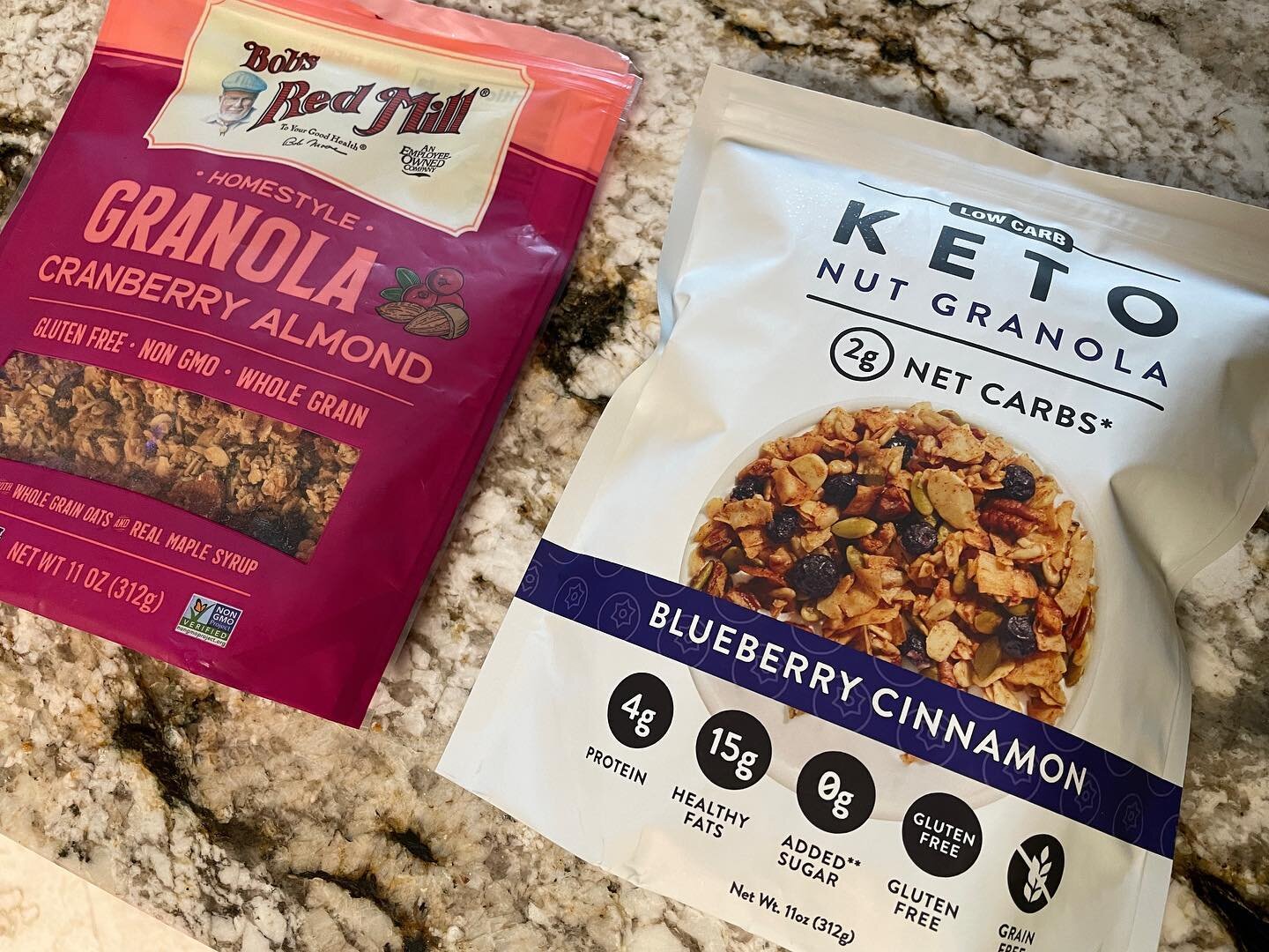 Granola - the standard oats n sugar, in the left, not cool. Right is a KETO no added sugar nuts n seeds approach, far better. Top with kefir and you have quicky breakfast