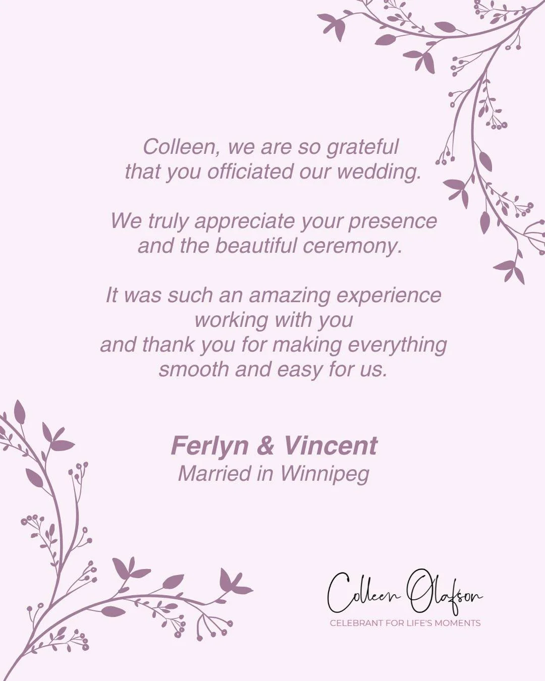 Congratulations Ferlyn and Vincent! 💞
www.colleenolafson.ca