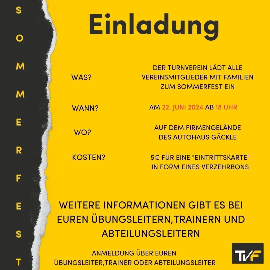 Der Turnverein l&auml;dt alle Mitglieder mit Familien zum Sommerfest ein!

#sommerfest #tvflehingen #gemeinschaft #vereinsleben #vereinslebenverbindet verbindet