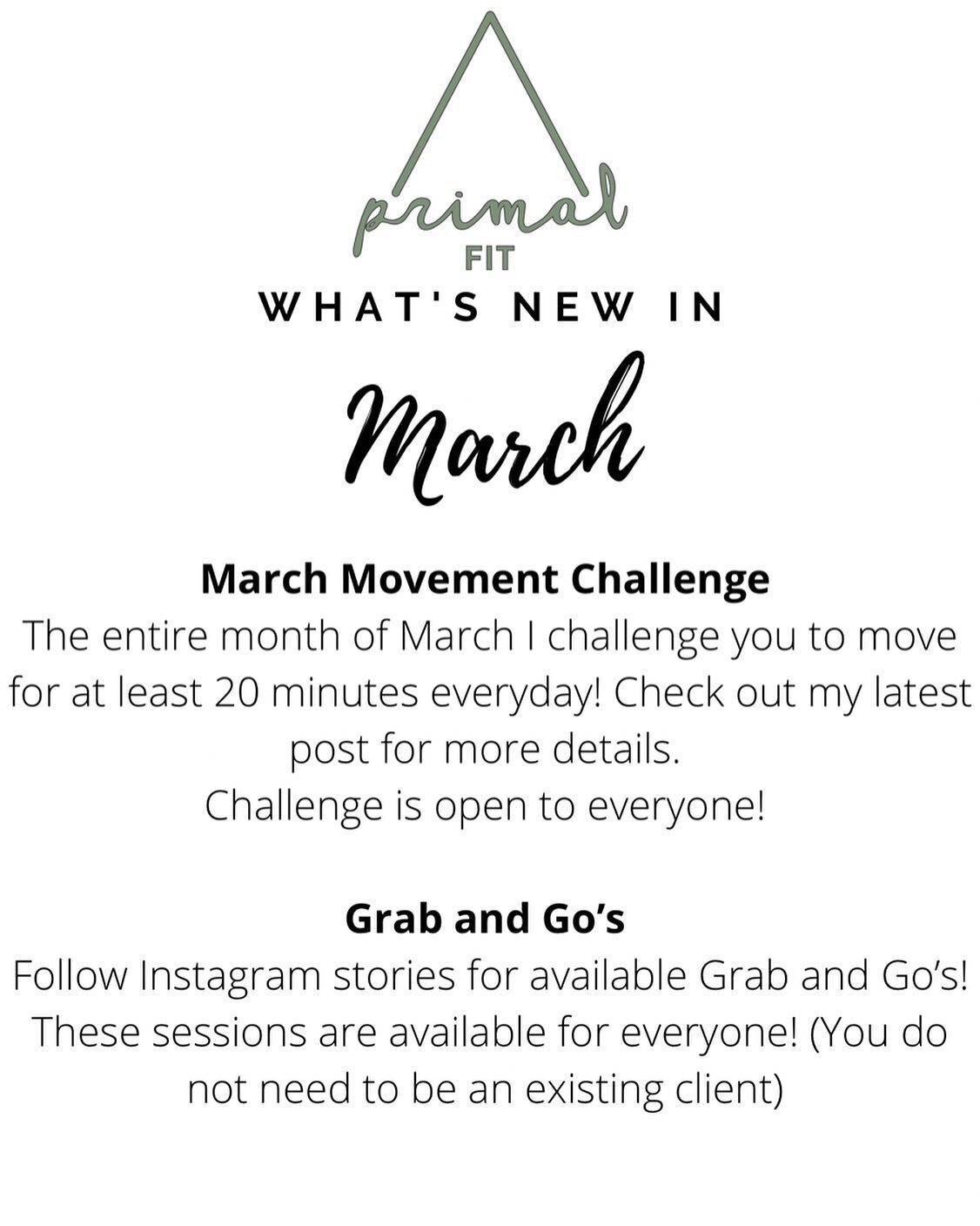 March Movement Challenge! Spring is coming! Let&rsquo;s get moving! Easy attainable goal and a reward of your choice! Check out my last post for more information! Screen shot the chart in my story and we start TODAY!! 🏃🏃&zwj;♀️🕺🏋🏼🧘🏻&zwj;♀️🤸🏻