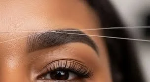 Close-up of a woman's eye with eyebrows being threaded.