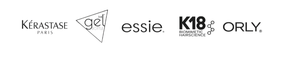 Logos for Kérastase Paris, the gel bottle, Essie, K18 Biometric Hairsience, and Orly.
