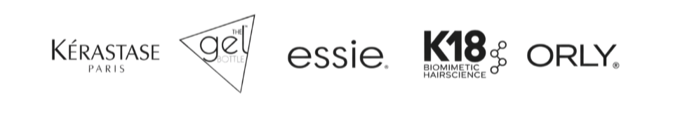 A collection of logos for beauty and hair care brands, including Kérastase Paris, The Gel Bottle, Essie, K18 Biometric Hairscience, and Orly.