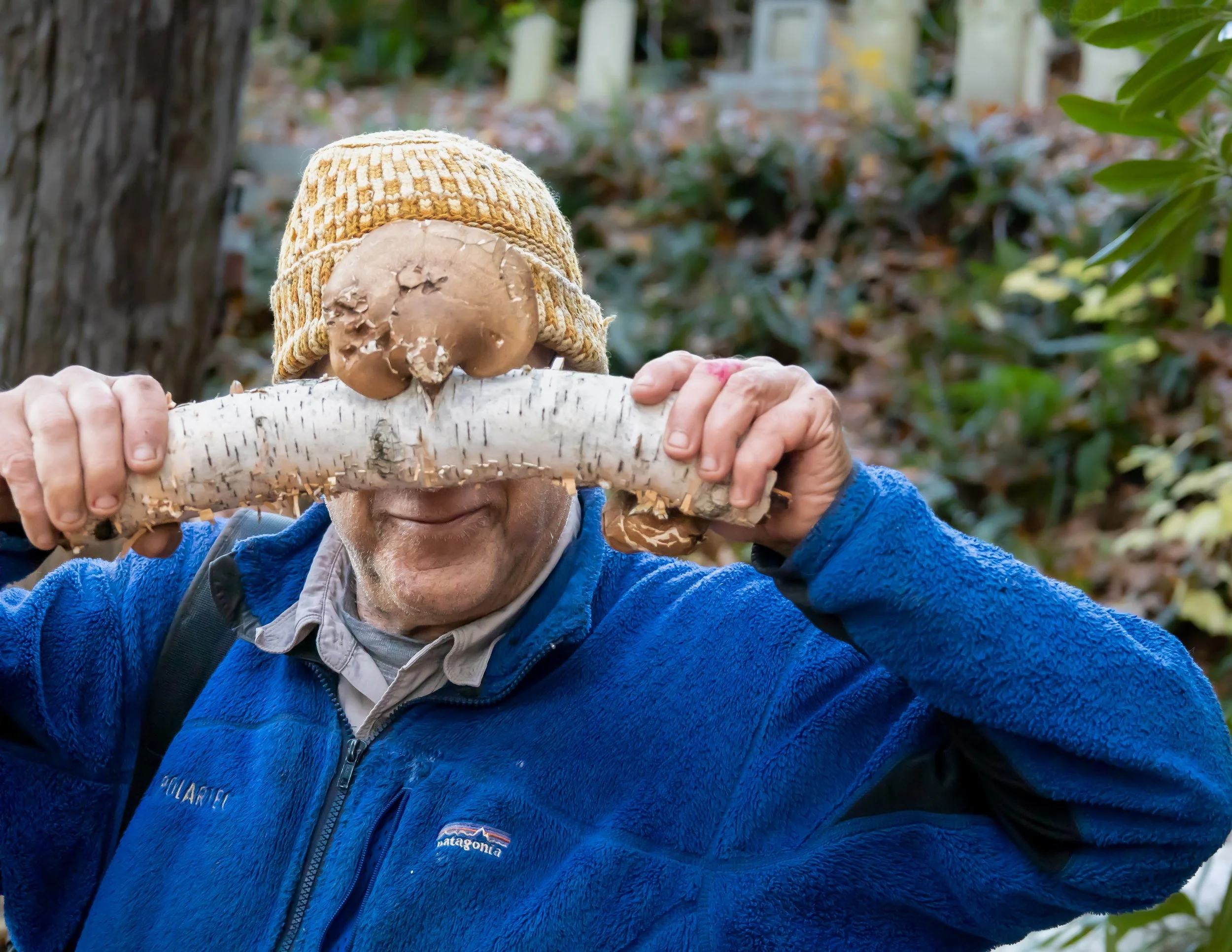 A person outdoors wearing a yellow knit hat and blue jacket, pressing a large mushroom against their face.
