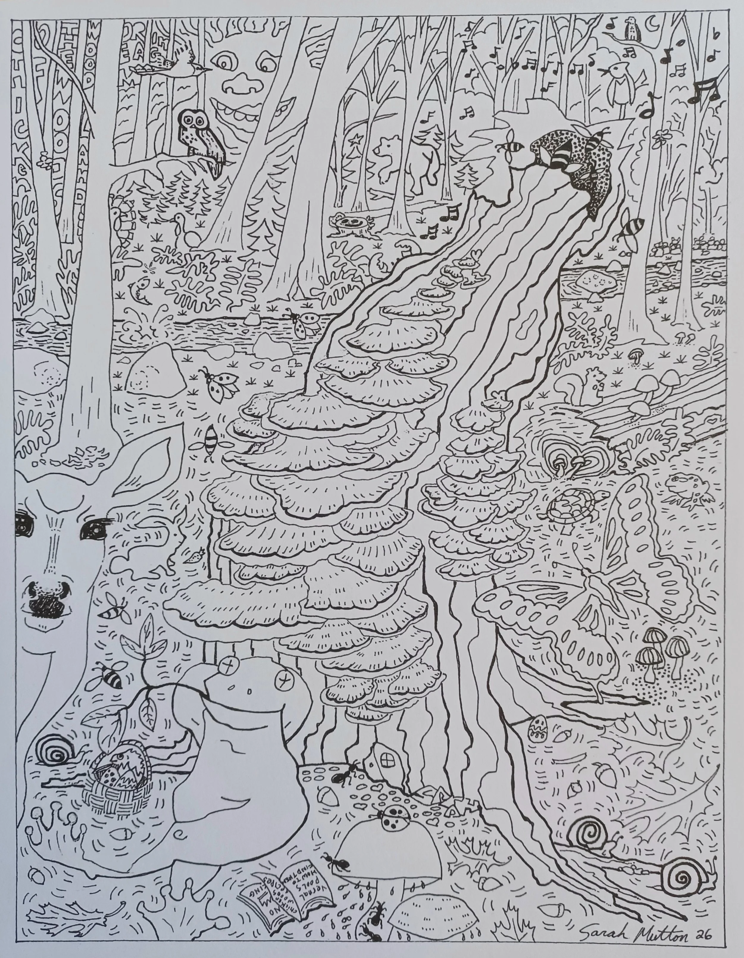 A detailed black-and-white line drawing of a whimsical forest scene with various animals including a dog, an owl, a bear, a bee, a butterfly, a snail, and several insects. The scene features trees, mushrooms, a waterfall, a squirrel, a frog, a dog with a butterfly on its nose, and a book titled "Wildling of the Year.