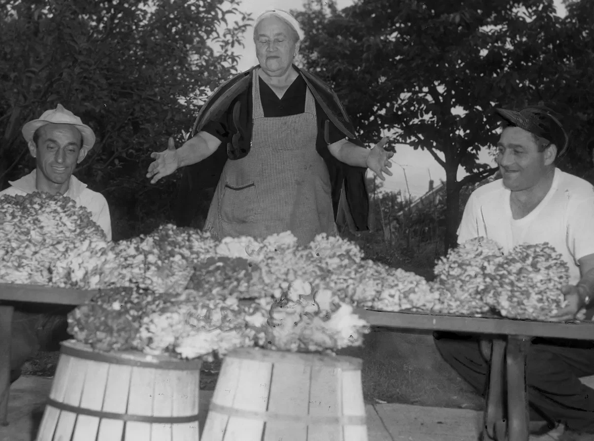 1958: Mrs. Rose Razza, of Natick, expresses delight with the large quantity of mushrooms found by her son, Patrolman Joseph Razz, right, of the West Warwick police, and Mike Sacchetti in Scituate woods. The men estimate they have more than 300 pounds