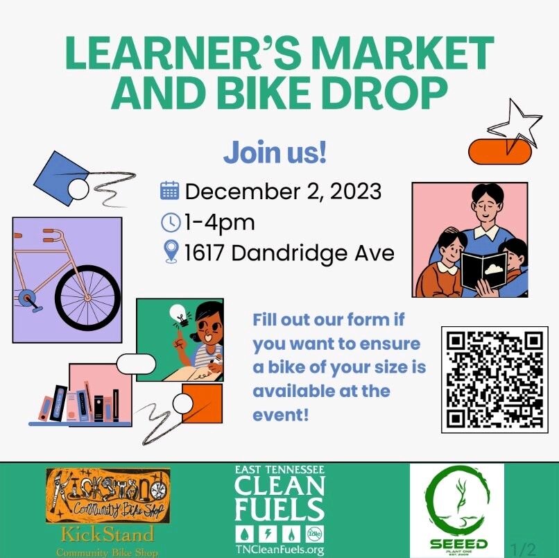 Attention East Knoxville Residents!

Join us for the Learner's Market and Bike Drop this Saturday, December 2nd, at 1 pm! 

We're giving away FREE BIKES and having conversations about transportation, equity, and local resources. Let's come together a