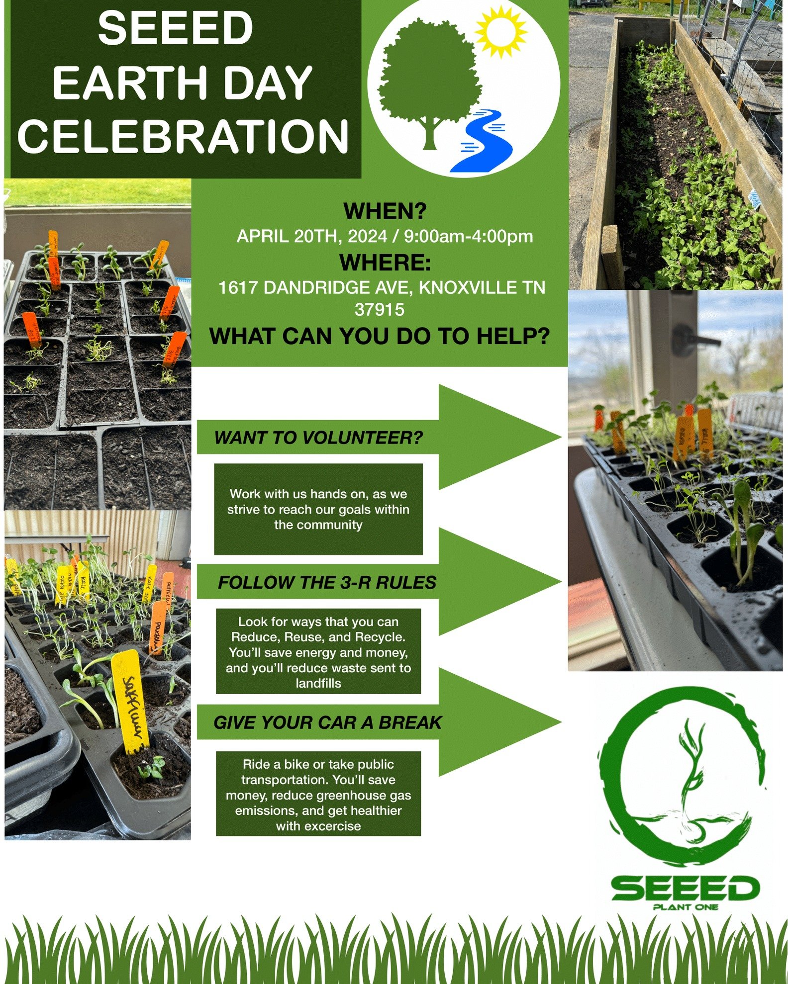 Join us tomorrow, April 20th, for SEEED's Earth Day Celebration. From 9am to 4pm, enjoy entertainment, delicious food, and fun activities as we come together to celebrate our planet! We'll be planting and gardening throughout the day and would love s