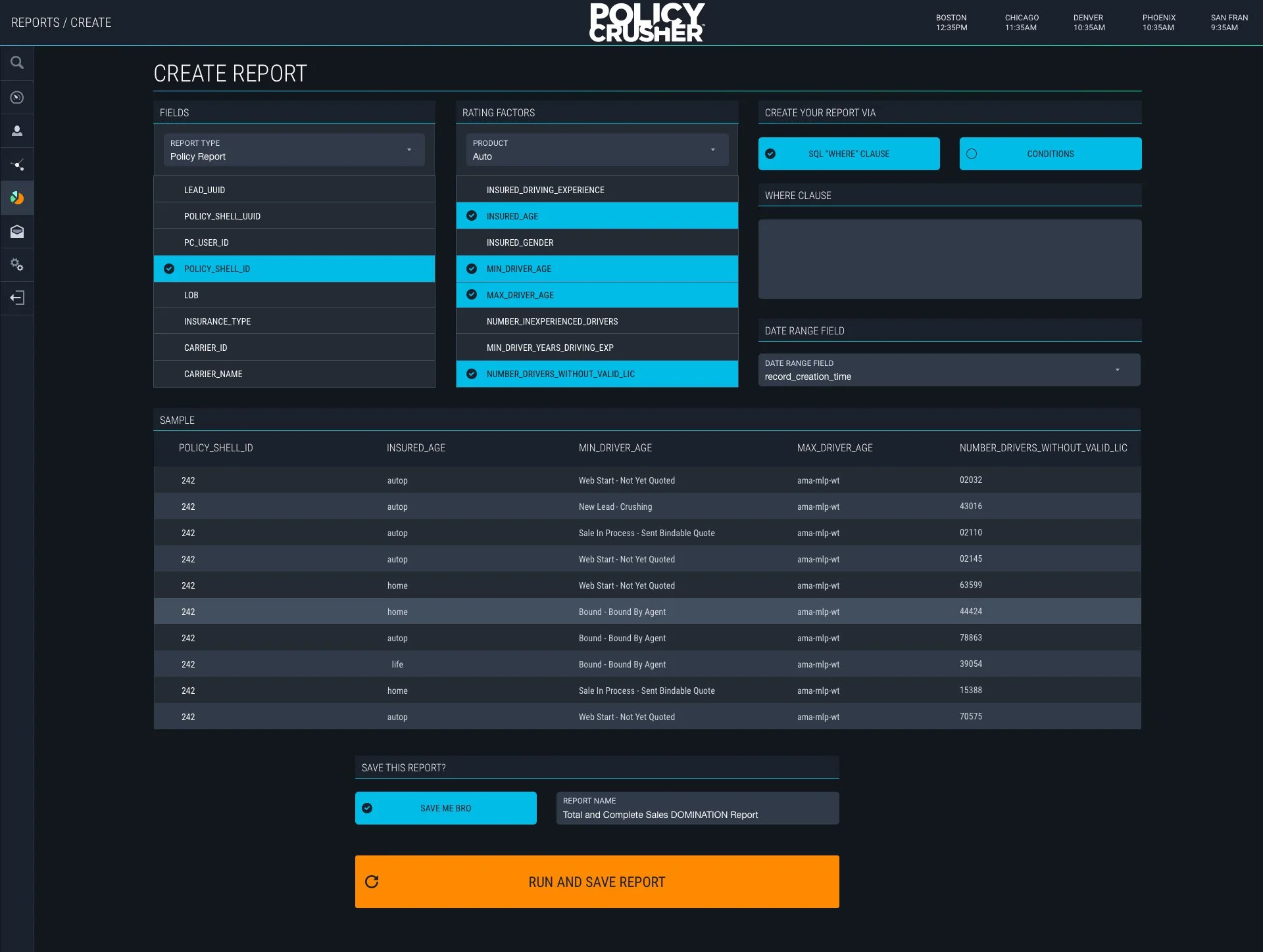 Custom reports can be created and saved here.  All the possible fields are able to be selected and a sample of the report is displayed before the user runs the actual query.