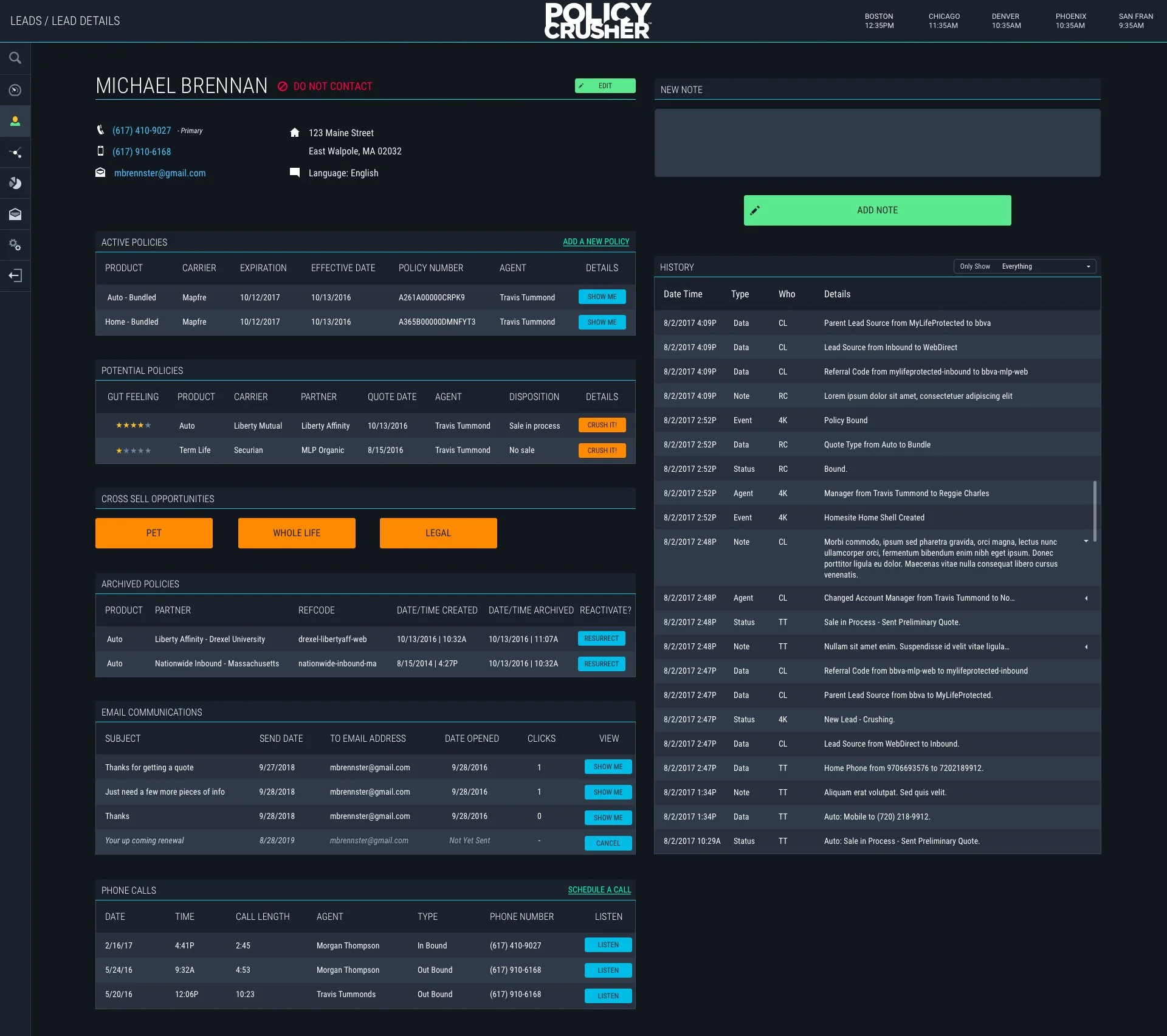 Lead details is the overview of all the activity of a customer.  It contains easily scannable information about potential and current policies, all communications and a detailed history of all actions taken by the lead, system or agent.