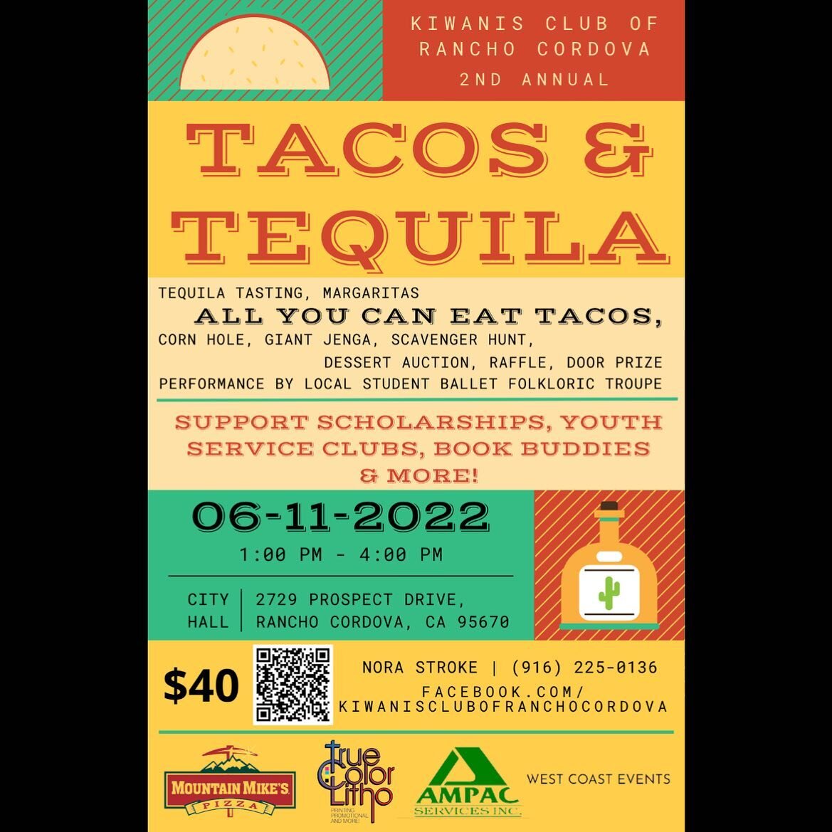 We are only 30 days away from our 2nd Annual Tacos &amp; Tequila fundraising event. Don&rsquo;t miss out on all the fun and your opportunity to support the youth of Rancho Cordova - proceeds support local scholarships, Service Leaderships Programs, B
