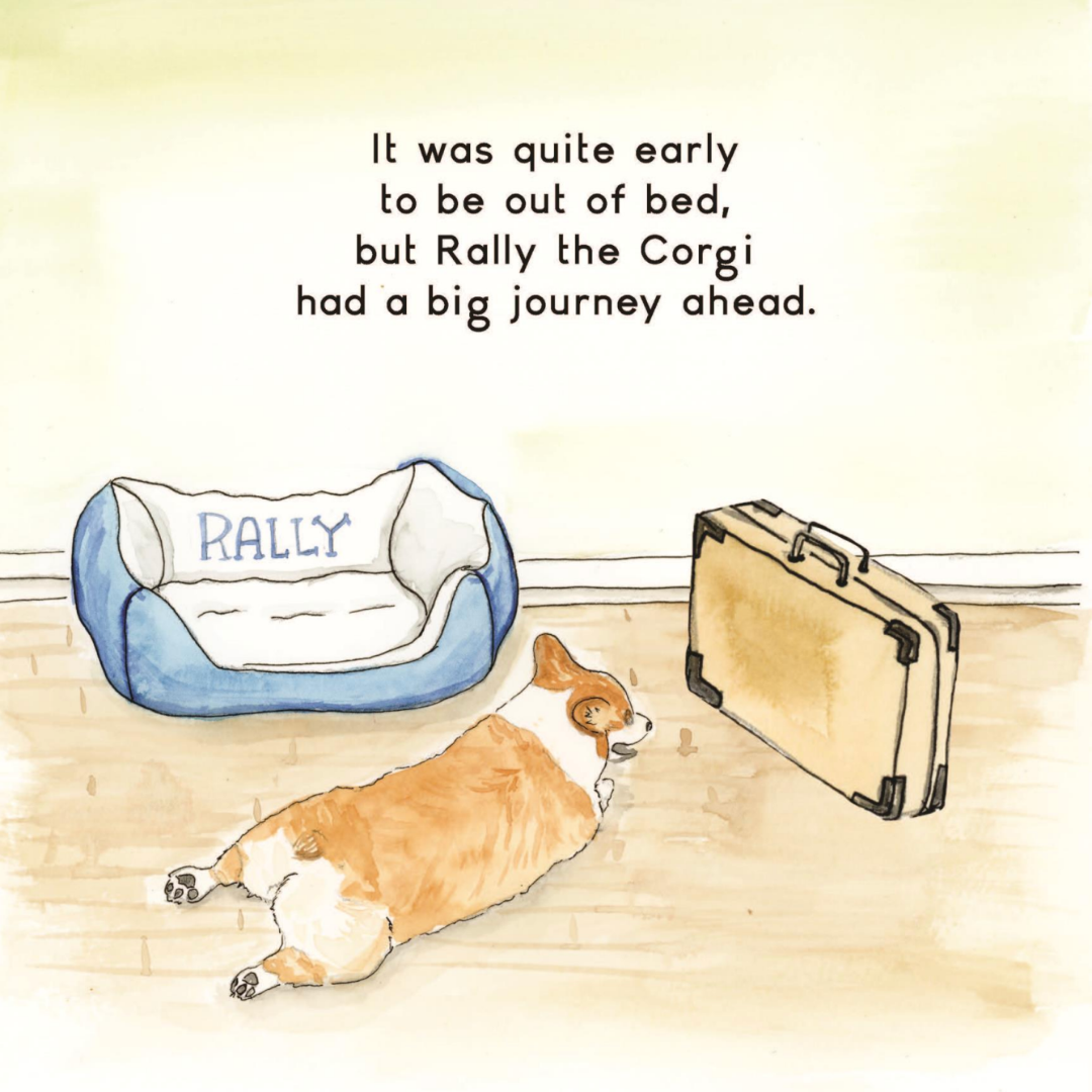 Watercolor page: Rally the corgi stretches on the floor beside his dog bed and a packed suitcase on the morning of a big journey
