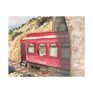 Rally Takes the Train jigsaw puzzle showing Rally the corgi at the red train window, with its white metal tin