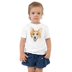 White toddler tee with a watercolor portrait of Rally the corgi