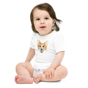 White baby bodysuit with a watercolor portrait of Rally the corgi