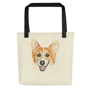 Cream library tote bag with a watercolor portrait of Rally the corgi