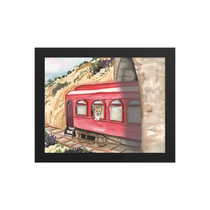 Framed watercolor print of Rally the corgi looking out the red train window
