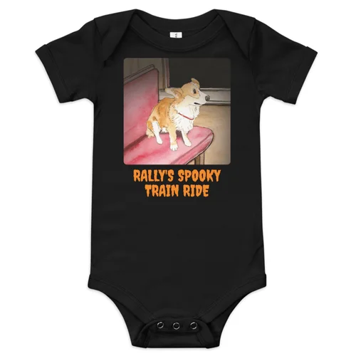 Rally's Spooky Train Ride Halloween baby bodysuit in black, printed with Rally the corgi on a red train seat in the dark tunnel