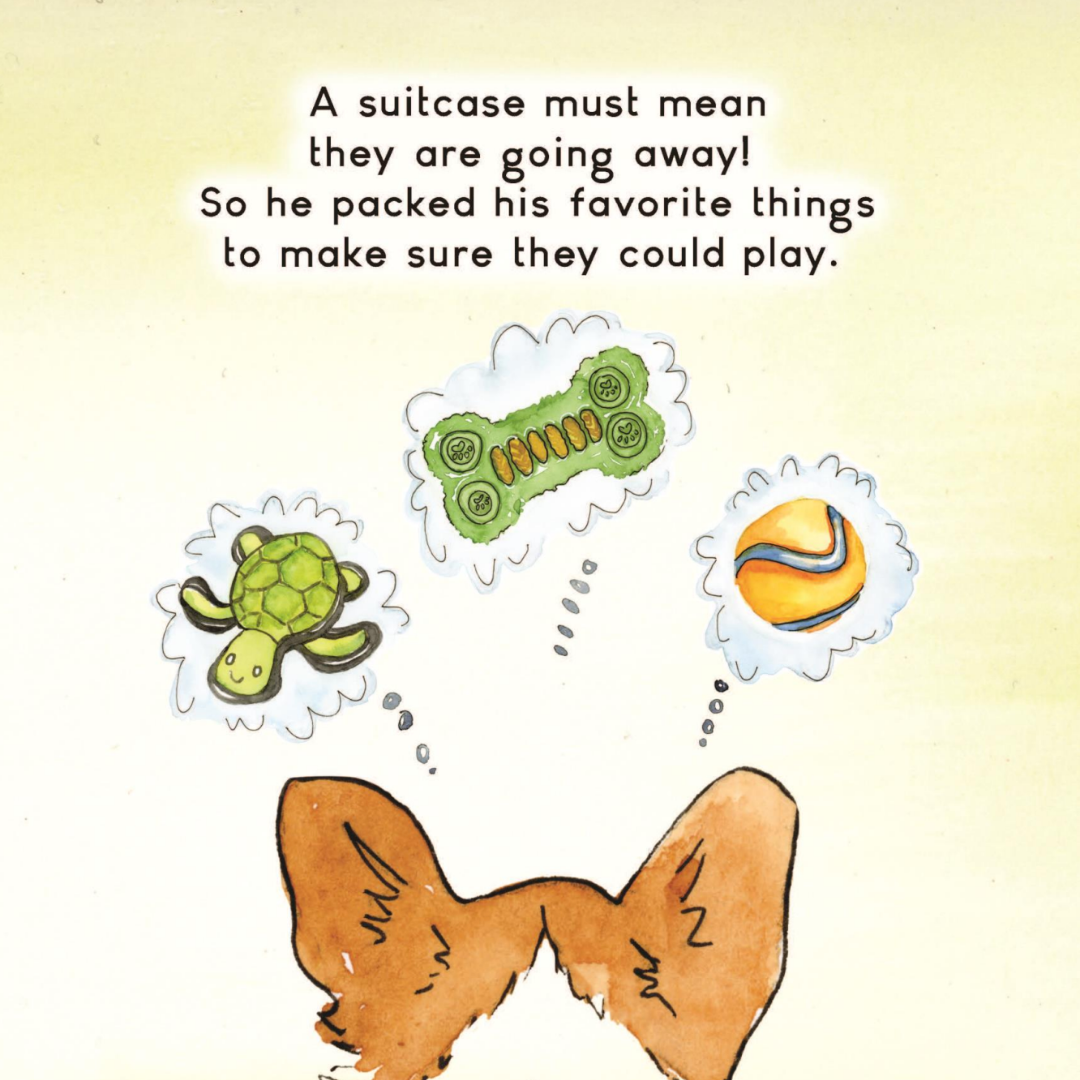 Watercolor page: after spotting a suitcase, Rally thinks about packing his turtle toy, green bone and yellow ball