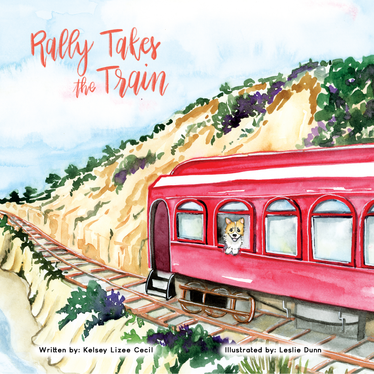 Rally Takes the Train book cover: a corgi looks out the window of a red train car on a cliffside coastal track, watercolor