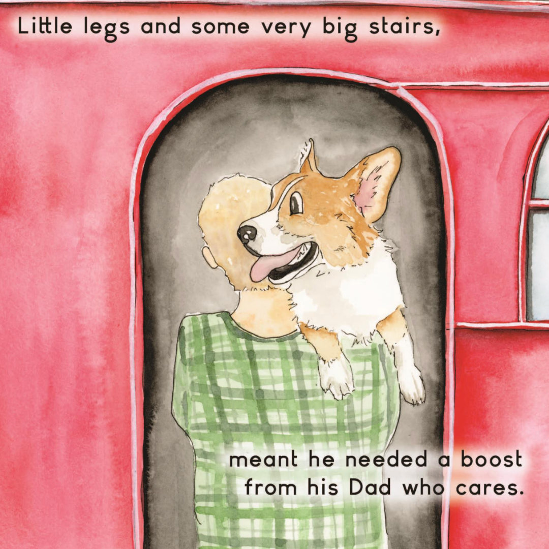 Watercolor page: Dad lifts Rally up the big stairs into a red train car, a boost for little corgi legs