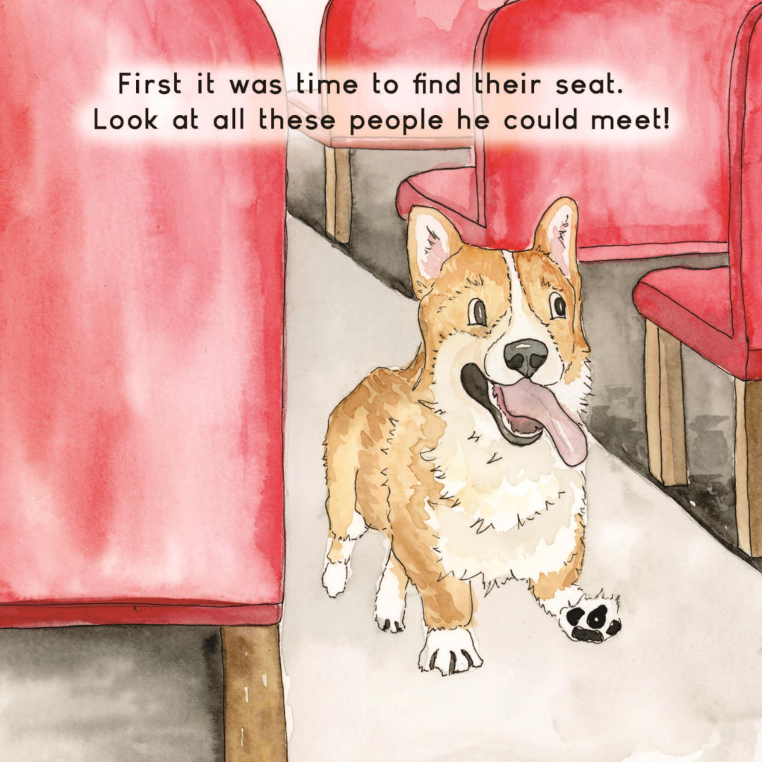Watercolor page: a happy Rally trots down the train aisle looking for his seat and all the people he could meet