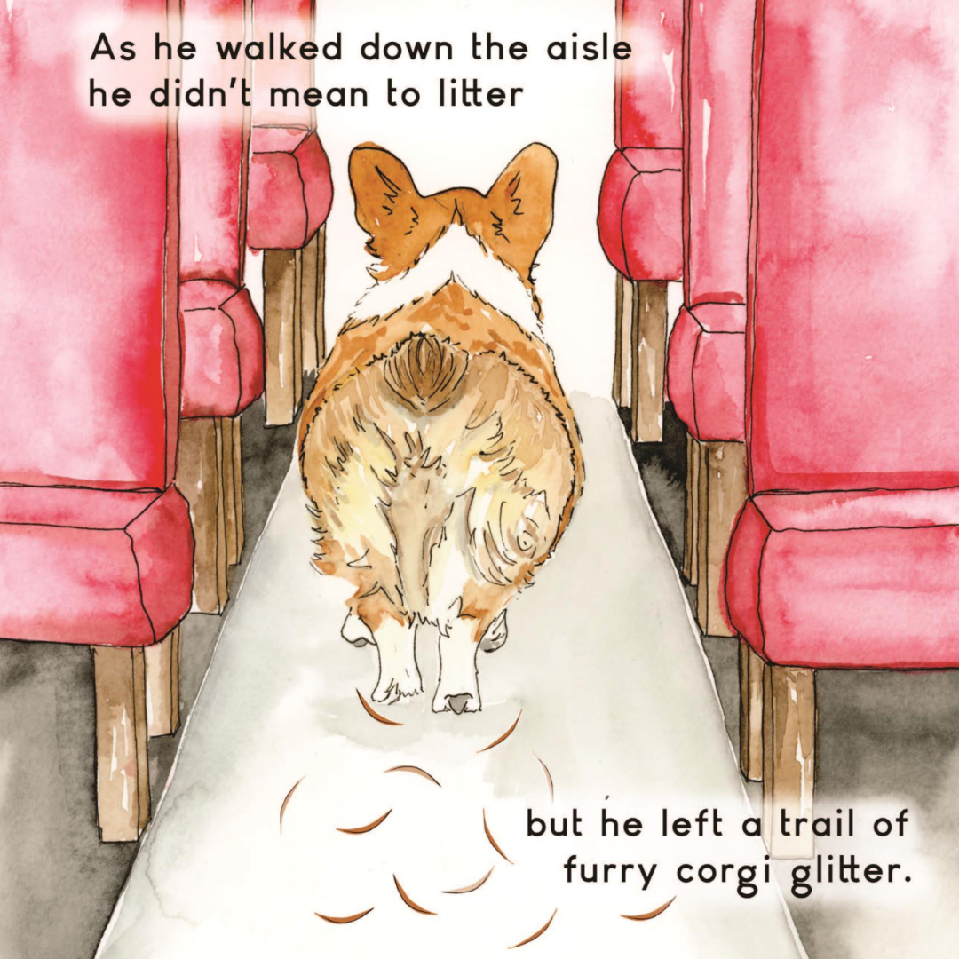 Watercolor page: Rally walks down the train aisle between red seats, leaving a trail of shed fur, his furry corgi glitter