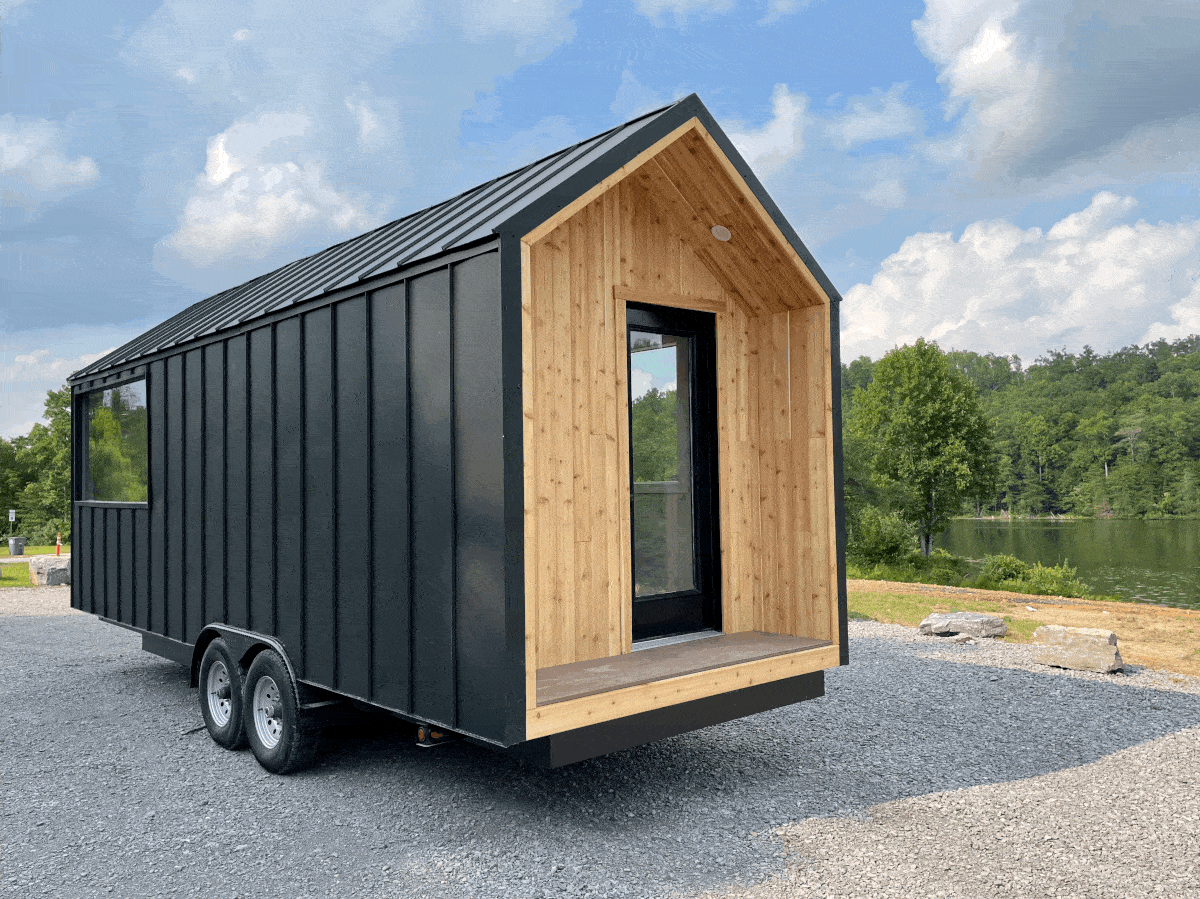 Exterior View of Willow Model Tiny Home on Wheels with Recessed Porch Area