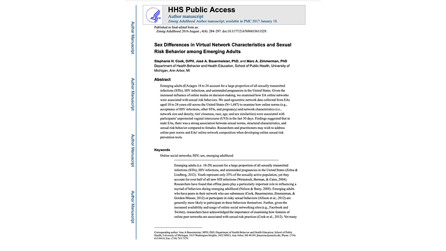 Sex Differences in Virtual Network Characteristics and Sexual Risk Behavior Among Emerging Adults