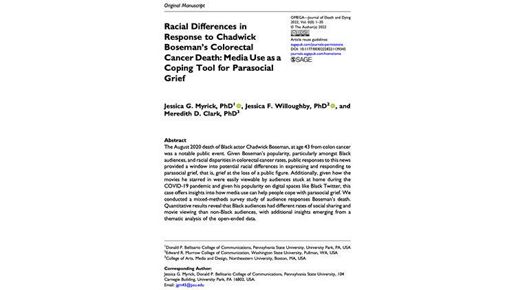 Racial differences in response to Chadwick Boseman’s colorectal cancer death: Media use as a coping tool for parasocial grief