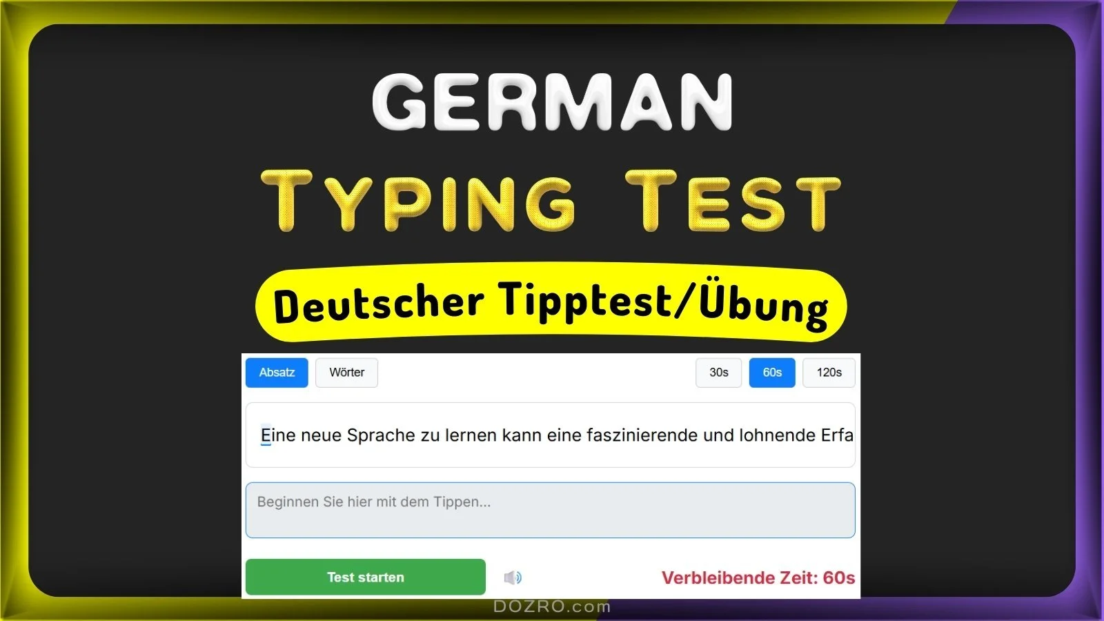 German Typing Test – Kostenloser Tippgeschwindigkeitstest | Practice Online (30, 60, 120 Seconds) with Live Results, Saved History