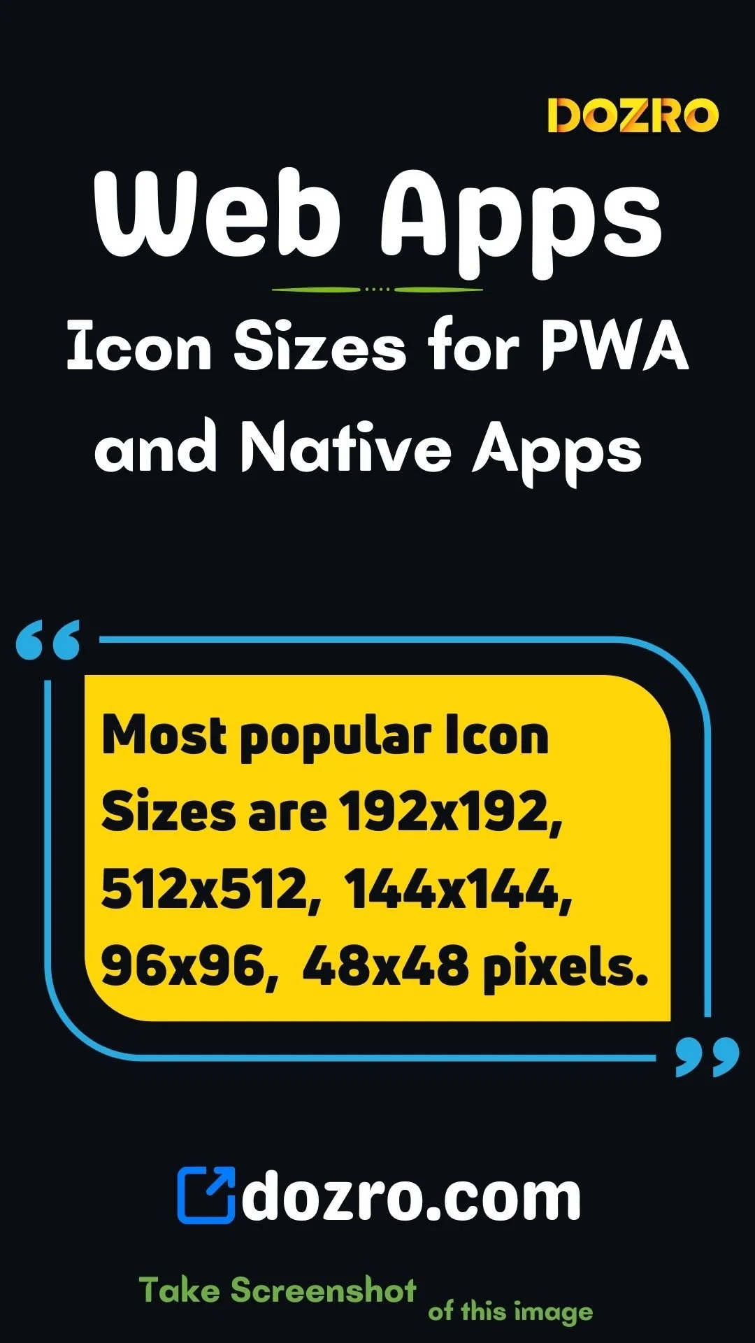 Sizes for icons of PWA, Manifest web apps, iOS and Android